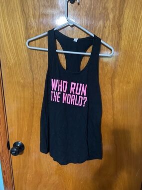 Black Racerback Tank Top with Pink "Who Run The World?" Slogan
